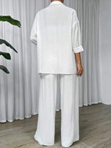 SHEIN EZwear 2 件套休闲纯色纯色衬衫和抽绳裤，大码日常穿着大码两件套服装大码 2 件套白色套装大码，回到学校亚麻两件套两件套白色套装 - 白色 - 查看 2