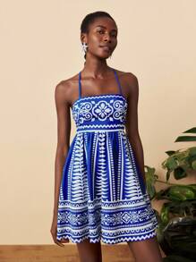 Travachic Damen Sommer Urlaub blau & weiß Allover-Muster Mini-Slip-Kleid