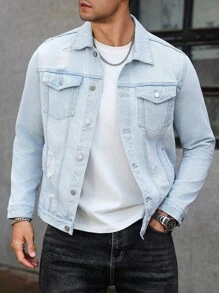 Manfinity Homme Men's Casual Daily Street Fashion Button Front Denim Jacket Light Blue Jean Jacket , Fall - Light Wash - View 1