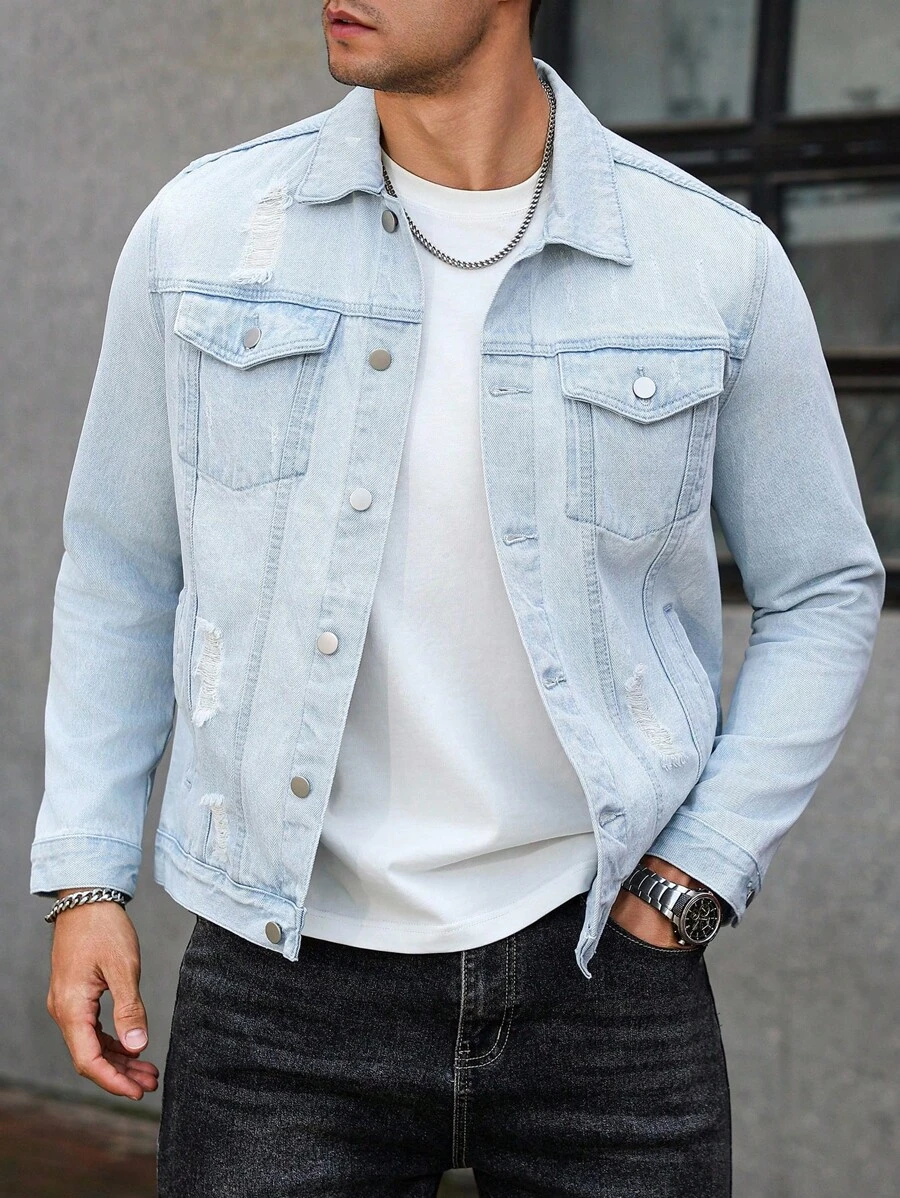 Manfinity Homme Men's Casual Daily Street Fashion Button Front Denim Jacket Light Blue Jean Jacket , Fall - Light Wash - View 1