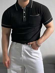 DAZY 夏季男士 Decorator Line Polo 领纽扣口袋针织衬衫，黑色 - 黑色 - 查看 4