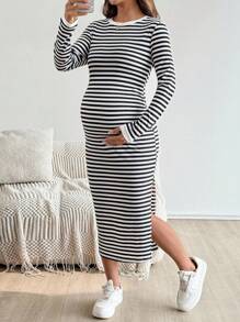 SHEIN Maternity Striped Round Neck Long Sleeve Side Split Hem Casual Dress  Fall Clothes Fall Dresses - Black and White - View 7