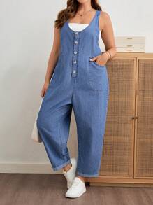 EMERY ROSE Mature Denim Bộ đồ liền thân denim hai túi thường ngày mùa hè cỡ lớn - Rửa trung bình - Xem 1