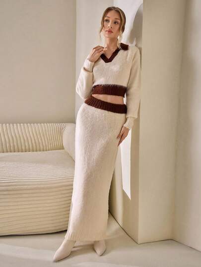 CLARA VERO Women Sweater An Skirt 2 Pieces Set For Winter Sof Touch  WOMEN Elegant Vintage Chic Cozy Warm Long Sleeve Colorblock Knit Sweater And Maxi Skirt Set Casual Winter Lounge Outfit Two Piece Sweater Set Knit Two Piece Set Cream Two Piece Set Two Piece Skirt Set Fuzzy Two Piece Set Knit Set