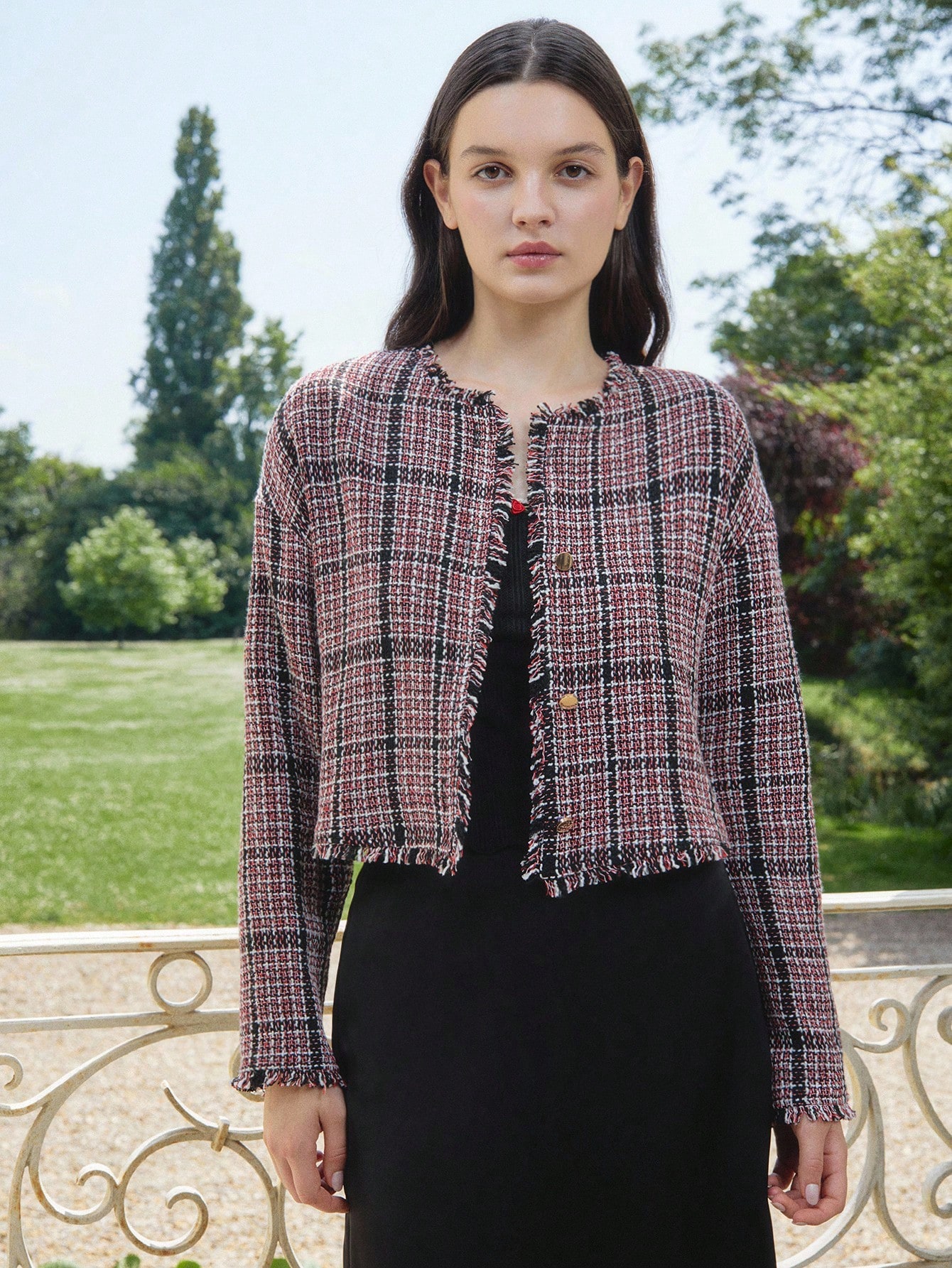 Rote und schwarze strukturierte Tweed Oversized Jacke mit rohem Saum, Herbstmode für Frauen, Lehreroutfits, Bürojacke für Herbst und Winter