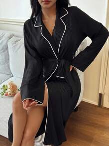 Women's Casual Color Block Trim Bathrobe, Fall, Cozy Outfits