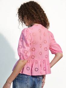 Aveloria Affinna Hollow Out Embroidery, Bowknot Decor, French Design Round Neck Lantern Sleeve Loose Casual Blouse For Women