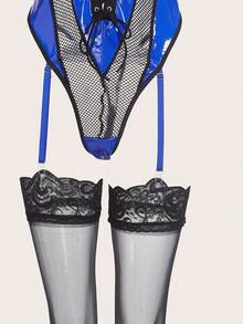 SHEIN 4pcs Set Sexy Women's PU Leather Patchwork Hollow-Out Bodysuit & Stockings, Going Out - Multicolor - View 4