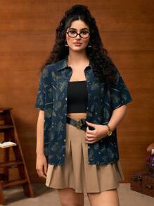 HARRY POTTER X SHEIN 大码夏季休闲动物图案纽扣短袖衬衫 - 藏蓝色 - 查看 3