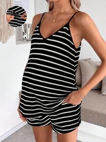 SHEIN 孕妇休闲宽松条纹吊带背心和短裤两件套 - 黑色 - 查看 4