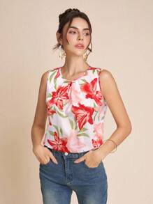 SHEIN Clasi 女式新款时尚花卉印花圆领无袖衬衫 - 紅色 - 查看 5