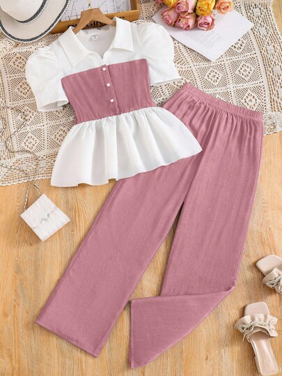 SHEIN 2pcs Women & Teen Girls Casual Denim Look Collared Short Sleeve Top + Solid Color Denim Style Simple Long Pants Set