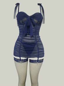 Snug Zone 4pcs/Set Mesh Sexy Slender Pleated Chemise Nightgown + G-String + 2 Pairs Socks, Going Out - Navy Blue - View 4