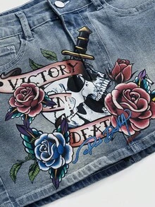 ROMWE Grunge Punk Retro Baddie Skeleton & Plant Graphic Low Waist Mini Skirt For Women - Blue - View 2