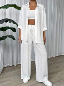 SHEIN EZwear 2 件套休闲纯色纯色衬衫和抽绳裤，大码日常穿着大码两件套服装大码 2 件套白色套装大码，回到学校亚麻两件套两件套白色套装 - 白色 - 查看 1