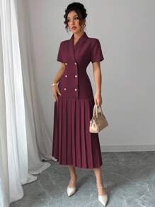Elenzga Women's French-Style Elegant Office Casual Business Party Short Sleeve Dress, Collared, Metal Button, Empire Waist, High-Quality, Spring/Summer - Maroon - View 5
