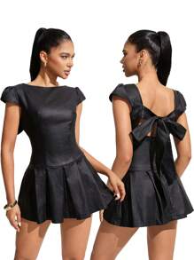 INAWLY Women's Black Bow Design Coated Elastic Bodycon Round Neck Sexy Backless Dress - Black - View 1