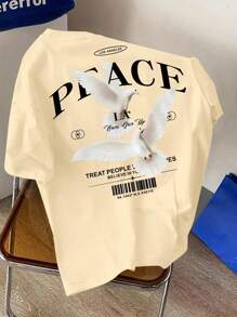 Manfinity Dauomo 男士字母和鸽子印花短袖休闲标准版型T恤，夏季 - 卡其色 - 查看 3