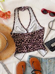 少女休闲露背挂脖豹纹背心，度假风格 - 彩色 - 查看 2