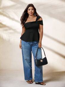 Calvaya Camiseta casual de mujer de talla grande con unicolor y cuello asimétrico