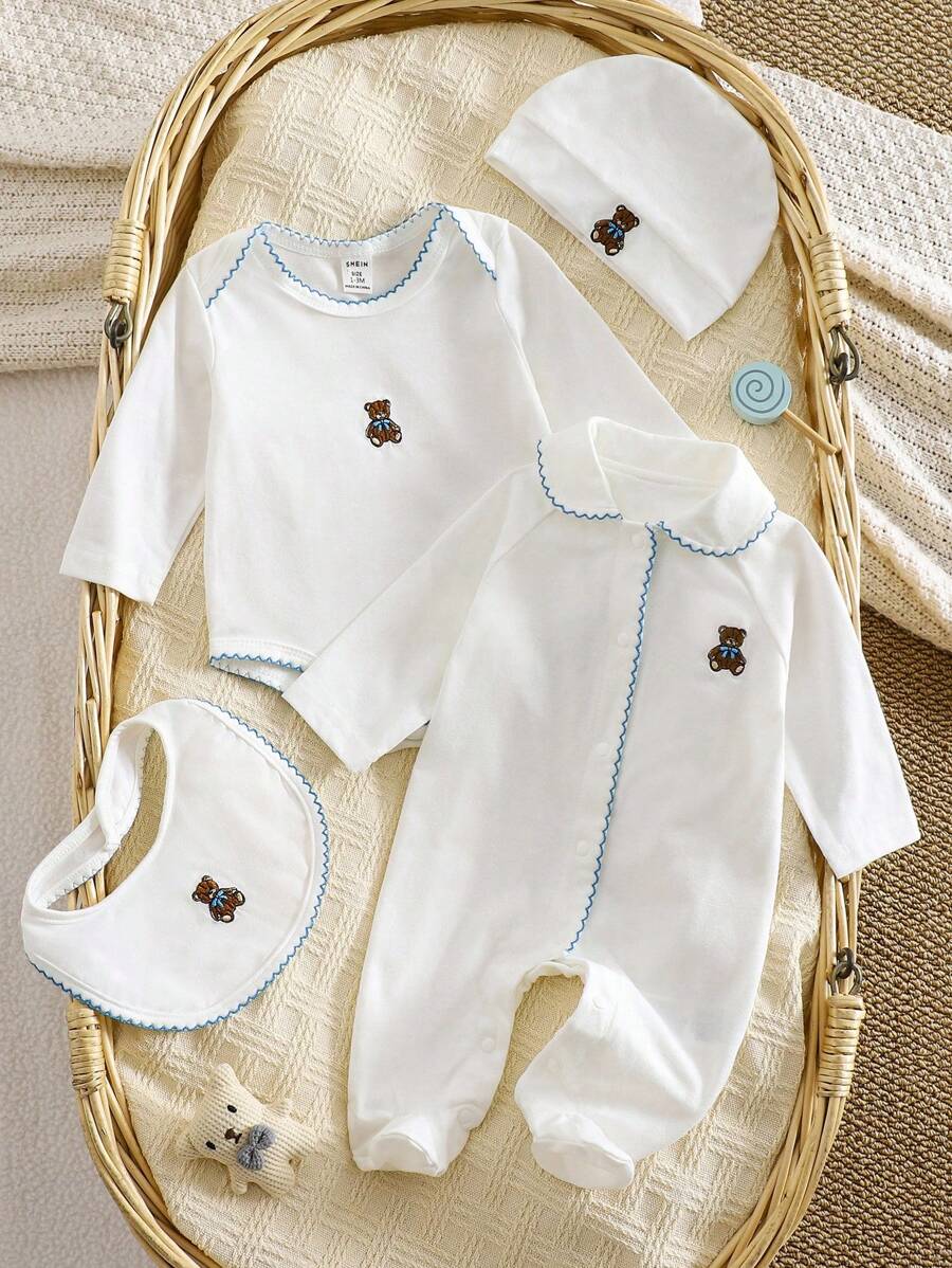 Neugeborenen 4-Teiliges Set: Langarm Bodysuit, Hose, Mütze und Lätzchen mit süßer Bärenstickerei, lässig & modisch, Frühling/Sommer