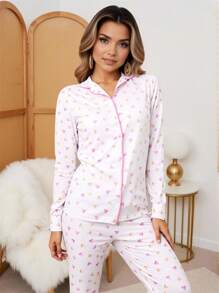 SHEIN 2件套女士简约爱心印花长袖上衣和裤子家居服睡衣套装，秋冬服装 - 粉色 - 查看 1