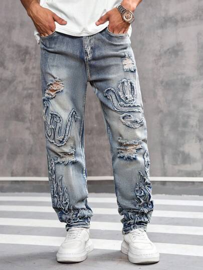 Manfinity LEGND Men's Light Wash Distressed Denim Jeans Avant-Garde Street Casual Style With Unique Ripped And Geometric Pattern Detail