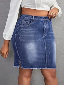 SHEIN SXY Plus Size Women Pocket Fringe Hem Bodycon Denim Mini Skirt