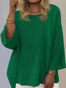 EMERY ROSE Blusa de vacaciones y tiempo libre de manga tipo murciélago de unicolor en talla grande - Verde - Ver 1