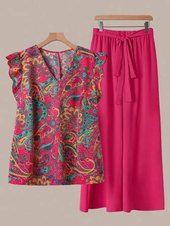 SHEIN CURVE+ 2 件套女士大码休闲花卉印花宽松袖衬衫和阔腿裤套装