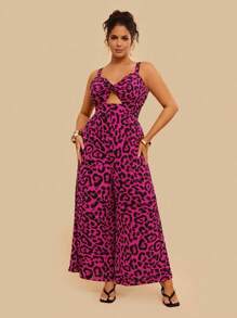 Travachic Jumpsuit Wanita Ukuran Plus Gaya Boho Santai Longgar Motif Leopard dengan Potongan Depan dan Tali Bahu, Gaya Bohemian untuk Musim Gugur/Dingin, untuk Musim Panas - Purple - View 1