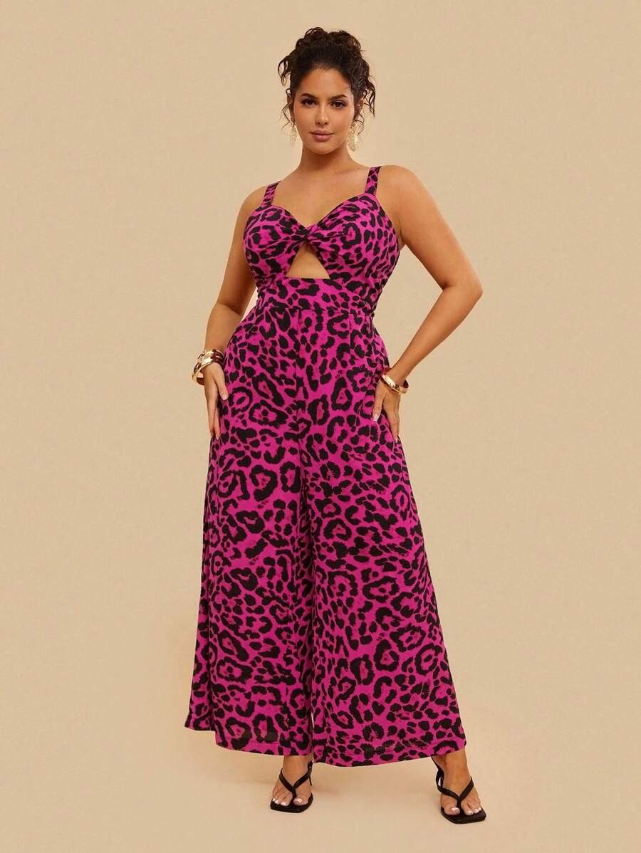 Travachic Jumpsuit Wanita Ukuran Plus Gaya Boho Santai Longgar Motif Leopard dengan Potongan Depan dan Tali Bahu, Gaya Bohemian untuk Musim Gugur/Dingin, untuk Musim Panas - Purple - View 1