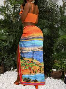 Slaydiva 2025 New Summer Leisure Vacation Music Festival Bohemian Beach Vacation Sling Short Orange Vest + One-Piece Strap Long Skirt Full Range Fake Landscape Coconut Tree Print Women's Two Pieces Set-A Two Pieces Vacation Set Women Beach 2 Pieces Set Y2K 2Pieces Set