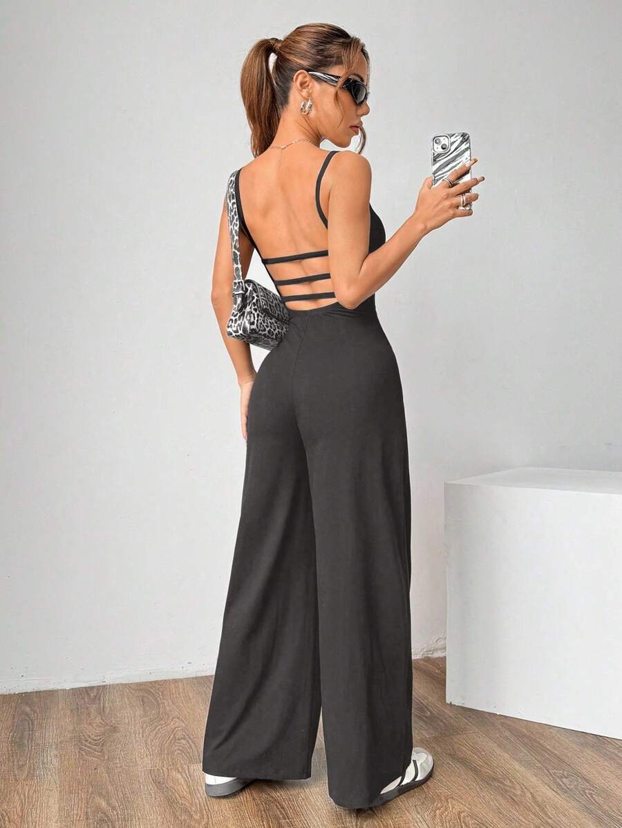 Flirla 纯色露背吊带背心和直腿宽松连体裤 - 灰色 - 查看 1