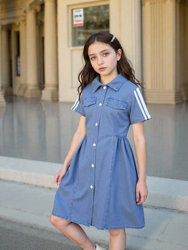 SHEIN Explorewe Tween Girl Front Button Solid Color Patchwork Short Sleeve Pocket Simple Casual Dress Jeans Dress For Girls Kids Jeans Dress Jeans Dress Kids Jean Dress Kids Girls Jean Dress Young Girls Denim Dresses Jean Dress For Girls