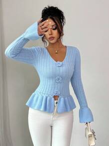 Elenzga Minimalist Fashion Hollow Out Lace Trim Pullover Flare Sleeve Knit Sweater Knit Pullover Fall Winter - Baby Blue - View 5