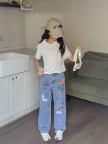 SHEIN Tween Girl Graffiti Graphics Carrot Jeans,Light Wash Blue,Summer Streetwear School Back-To-School,Elastic Waist Ripped Design,Classic 5 Pockets - Light Wash - View 1