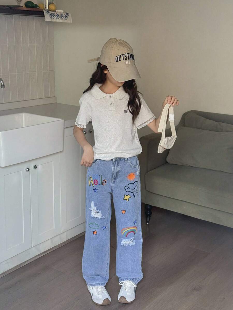 SHEIN Tween Girl Graffiti Graphics Carrot Jeans,Light Wash Blue,Summer Streetwear School Back-To-School,Elastic Waist Ripped Design,Classic 5 Pockets - Light Wash - View 1
