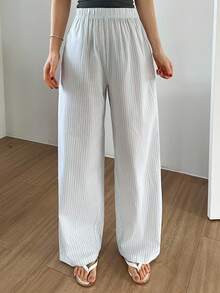 DAZY 简约条纹宽松直筒休闲裤，秋季睡衣 - 淺藍色 - 查看 4