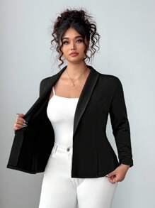 Elenzga Plus Size Women Casual Minimalist Notch Collar Jacket, Commuter Style Winter Fall Autumn - Black - View 7