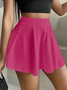 Zolique 1pc Women Summer Solid Color Mini Skirt With Mobile Phone Pocket, Suitable For Outdoor - Hot Pink - View 3