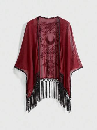 Goth Back To School Romantic Gothic Vintage Baroque Vine & Moon Pattern Flocked Fabric Hippie Texture Asymmetrical Fringe Cardigan Blouse Without Shoulder Seams, For Spring/Summer Holiday