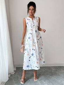 SHEIN PETITE Abito casual da donna con scollo a V, stampa floreale, senza maniche, con tasche, lavorato a maglia, adatto alle vacanze