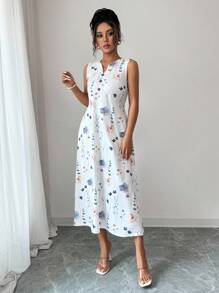 SHEIN PETITE Abito casual da donna con scollo a V, stampa floreale, senza maniche, con tasche, lavorato a maglia, adatto alle vacanze