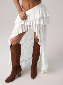 SHEIN ICON Ultra Low-Waisted Lace Tiered High-Low Hem Skirt - White - View 5