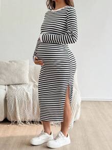 SHEIN Maternity Striped Round Neck Long Sleeve Side Split Hem Casual Dress  Fall Clothes Fall Dresses - Black and White - View 4