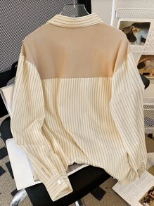 INAWLY Women's Striped Long Sleeve Single-Breasted Casual Pocket Shirt For Autumn