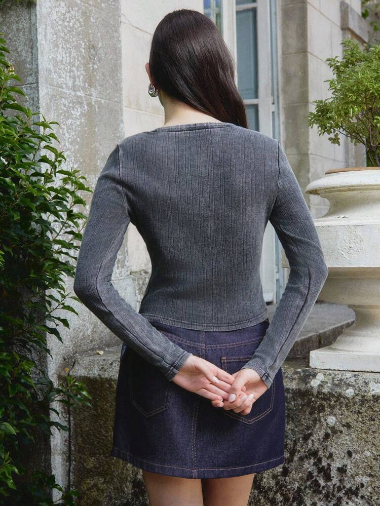 Washed Black Rib Knit Cotton Fitted Top With Lace-Up Front Detail Fall Women Clothes Back To School Top Spring Summer