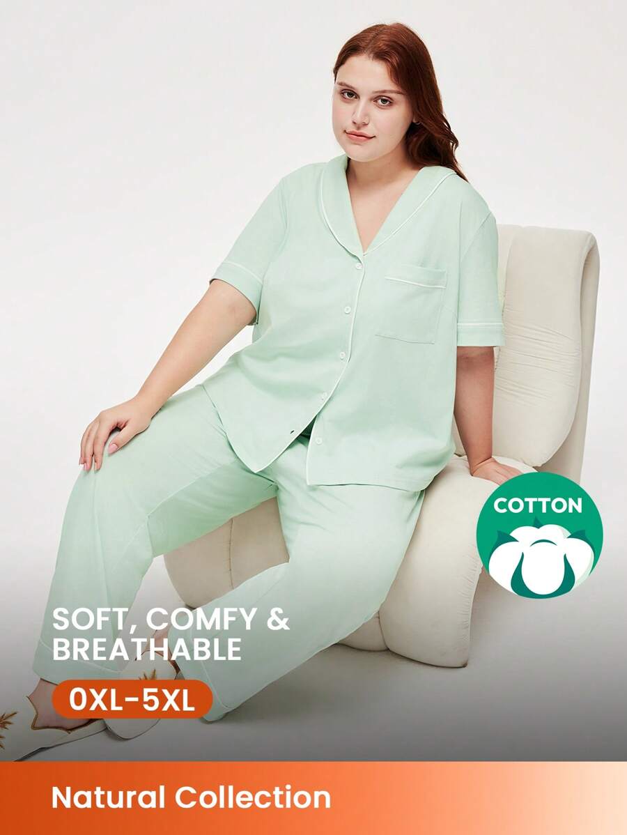 LUVLETTE Bộ đồ ngủ mùa hè dành cho nữ cỡ lớn, thoáng khí, 100% cotton nguyên chất, màu xanh lá cây, gồm áo ngắn tay cài cúc và quần dài, có túi. - màu xanh lá - Xem 1