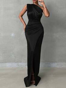 EURMUSE Váy dự tiệc dài Maxi thanh lịch bằng vải satin cho nữ - màu đen - Xem 6